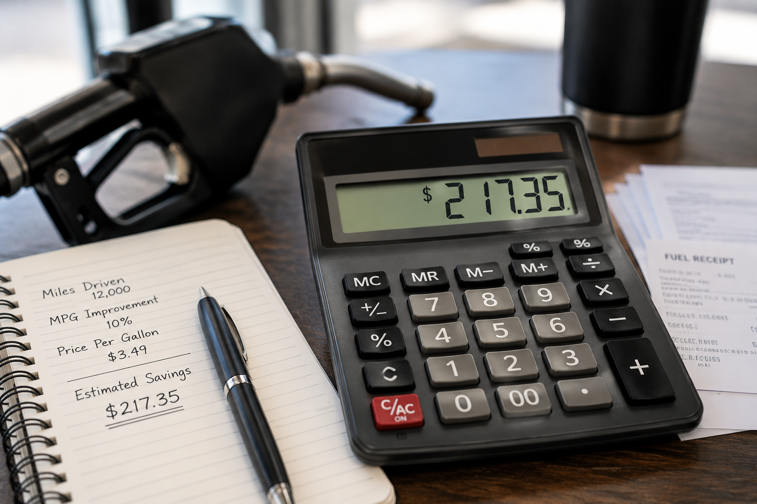 Fuel savings calculation with calculator, notebook, receipts, and fuel nozzle