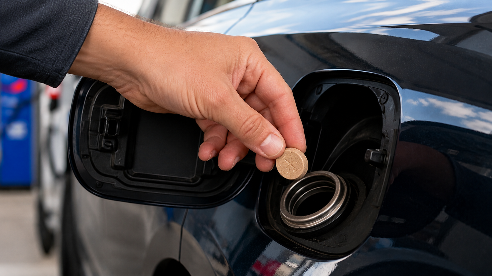 A hand adding an X-Cap fuel tablet to a vehicle fuel tank