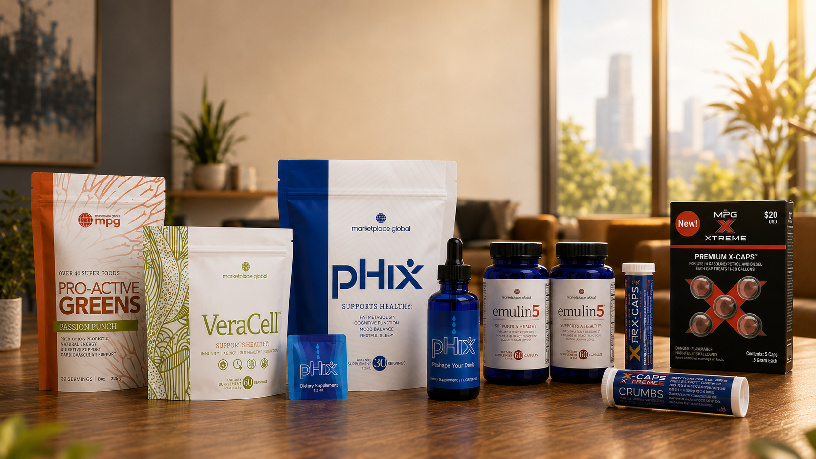 Marketplace Global product family on a warm premium lifestyle and business background