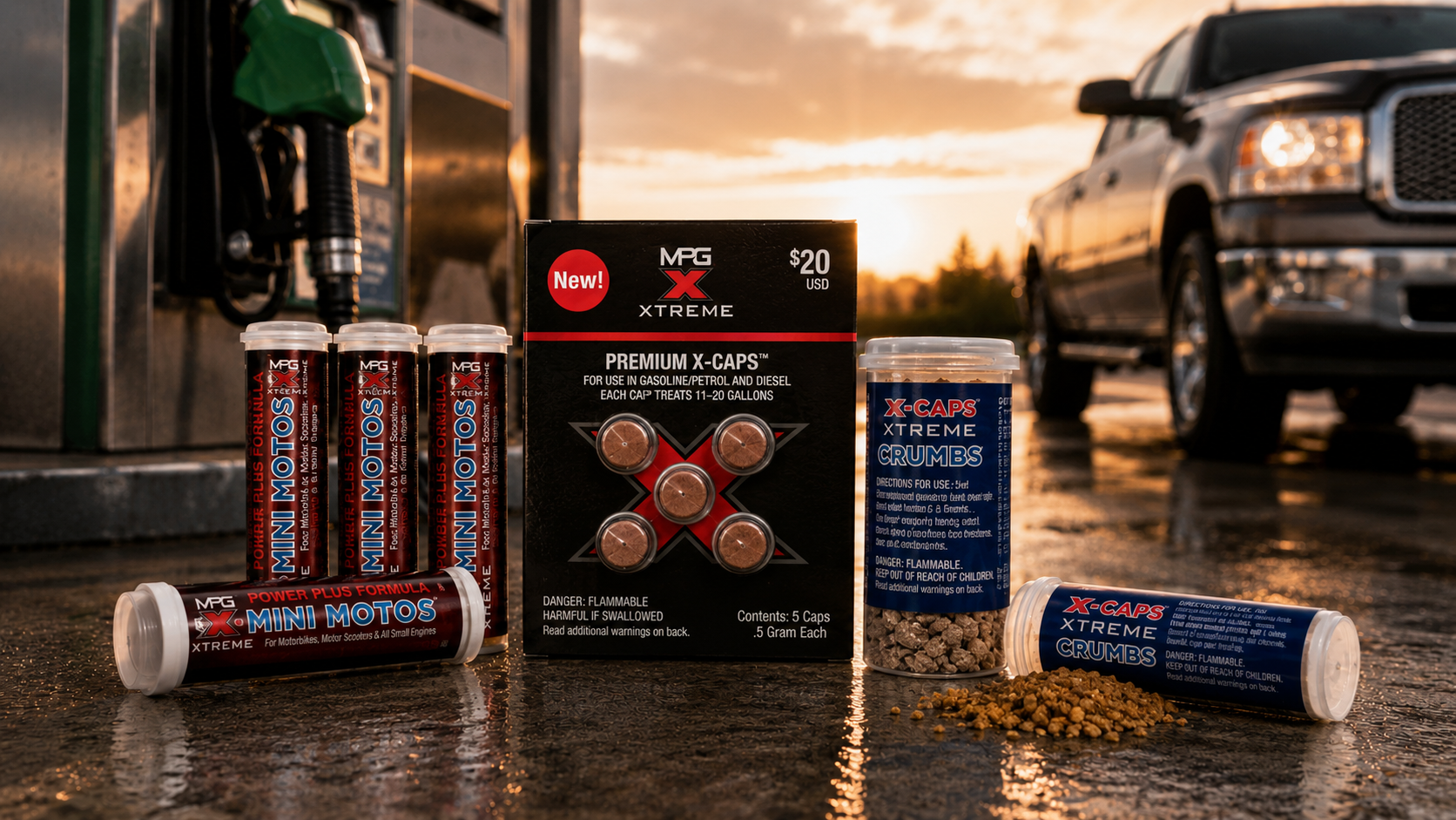 MPG X-Caps, Crumbs, and fuel product visual with vehicle theme