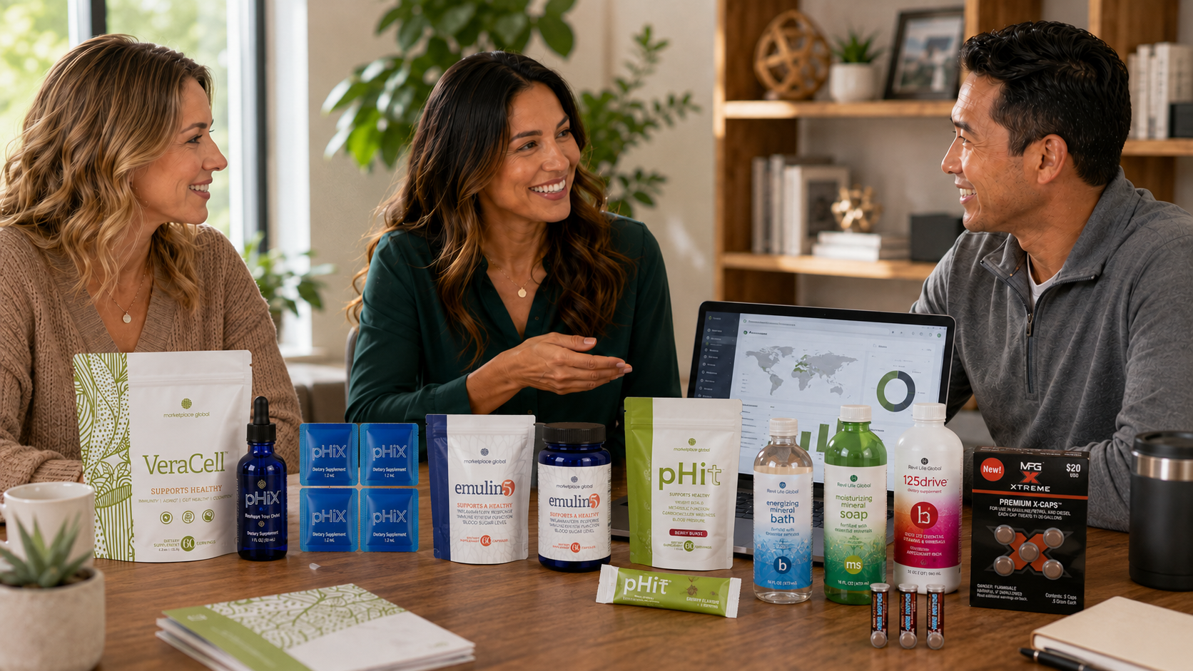 Business opportunity conversation with products and laptop
