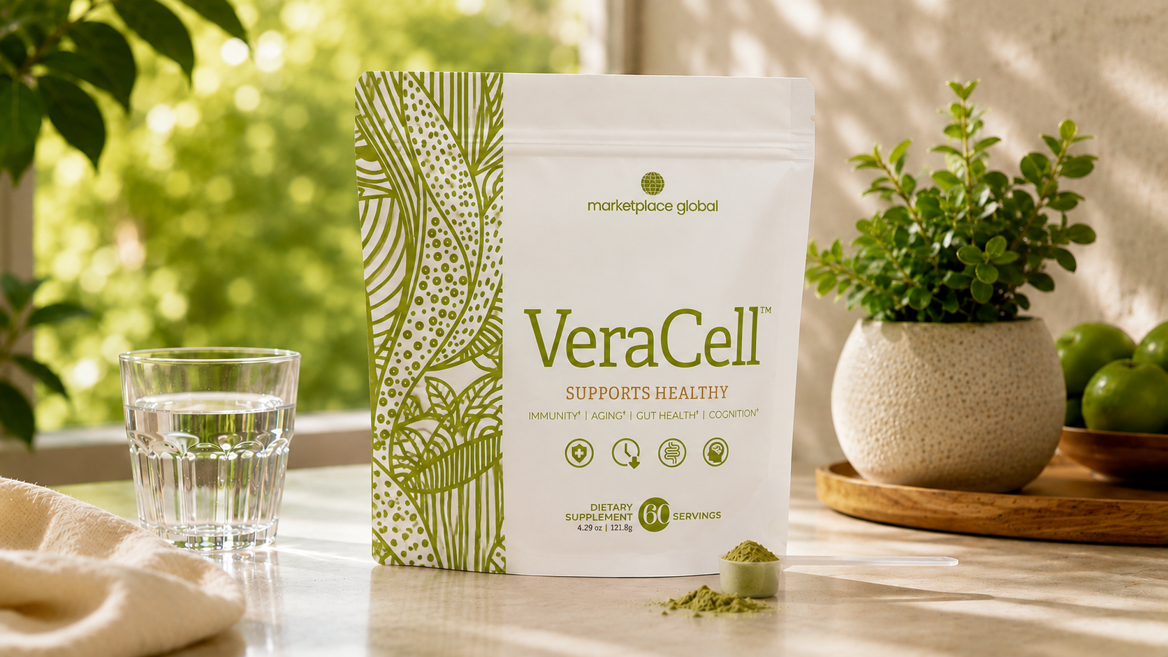 VeraCell bag with small scoop and clean wellness background