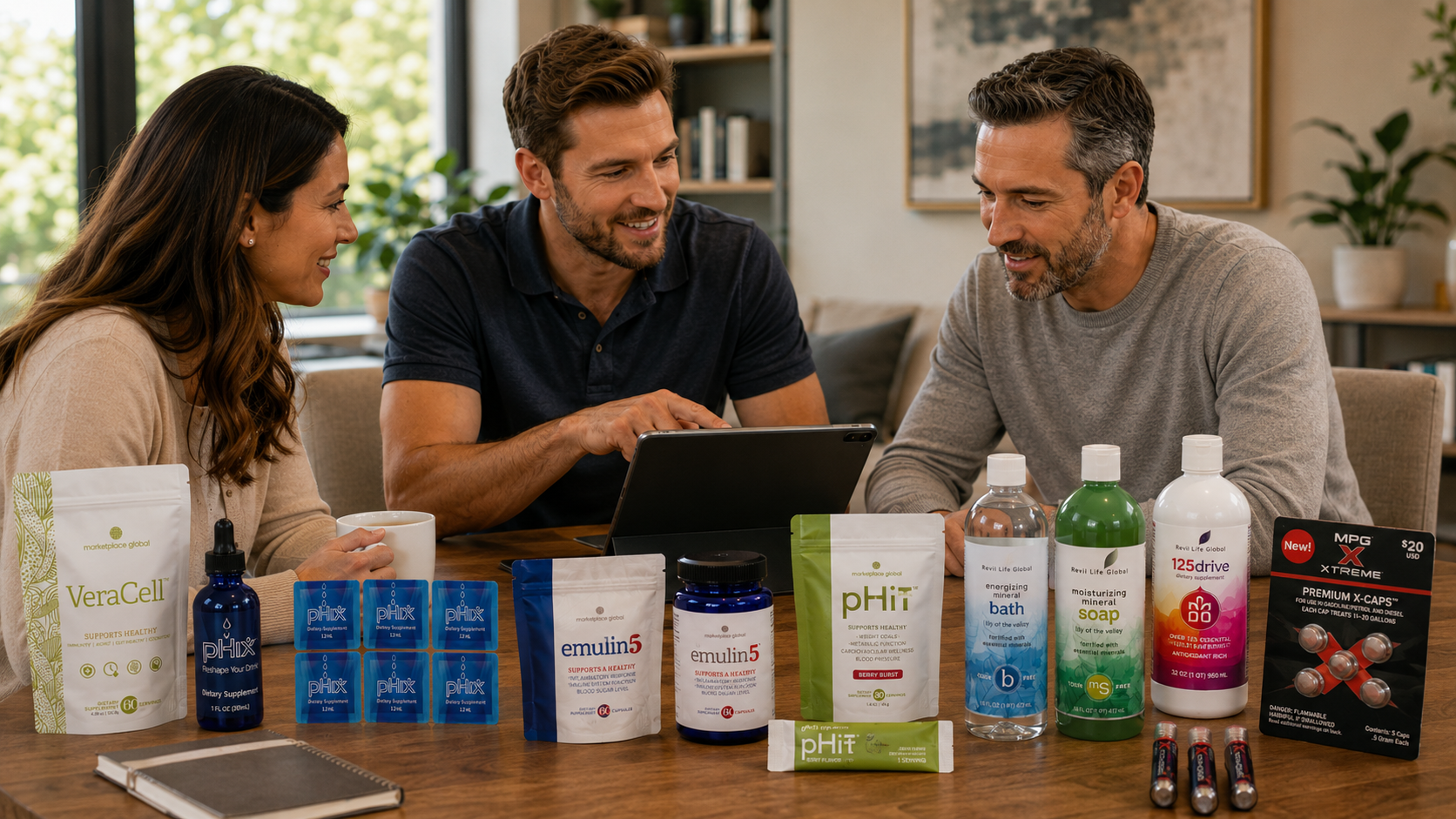 People reviewing Marketplace Global products with a tablet in a friendly conversation setting