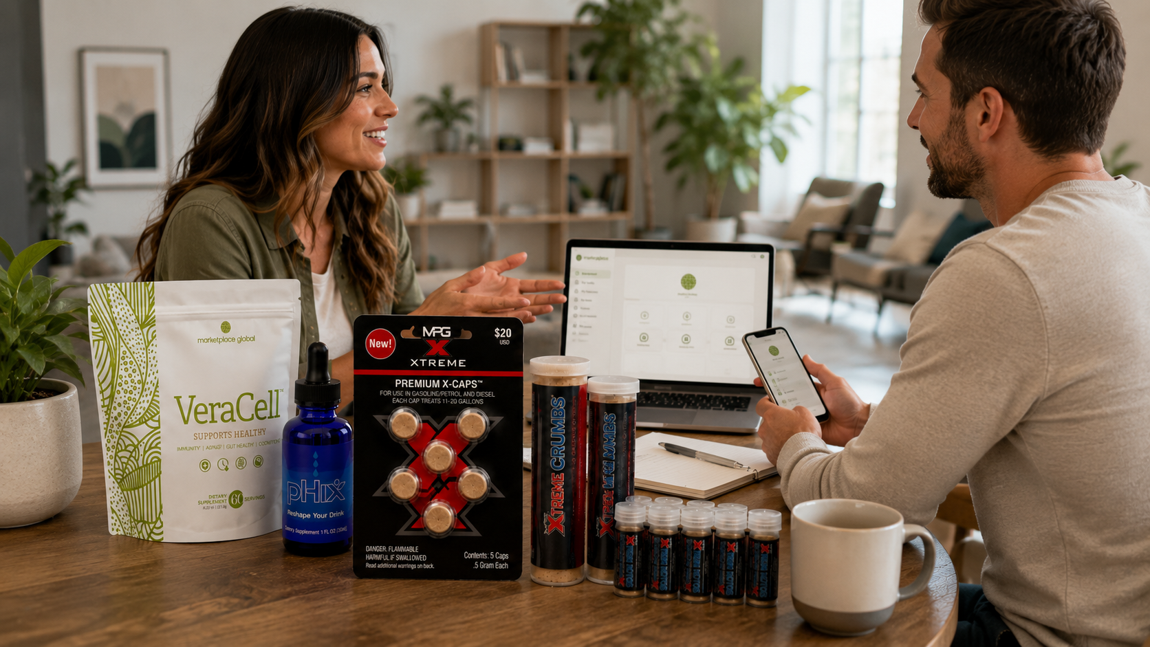 Marketplace Global products with laptop and phone dashboard in a friendly conversation setting