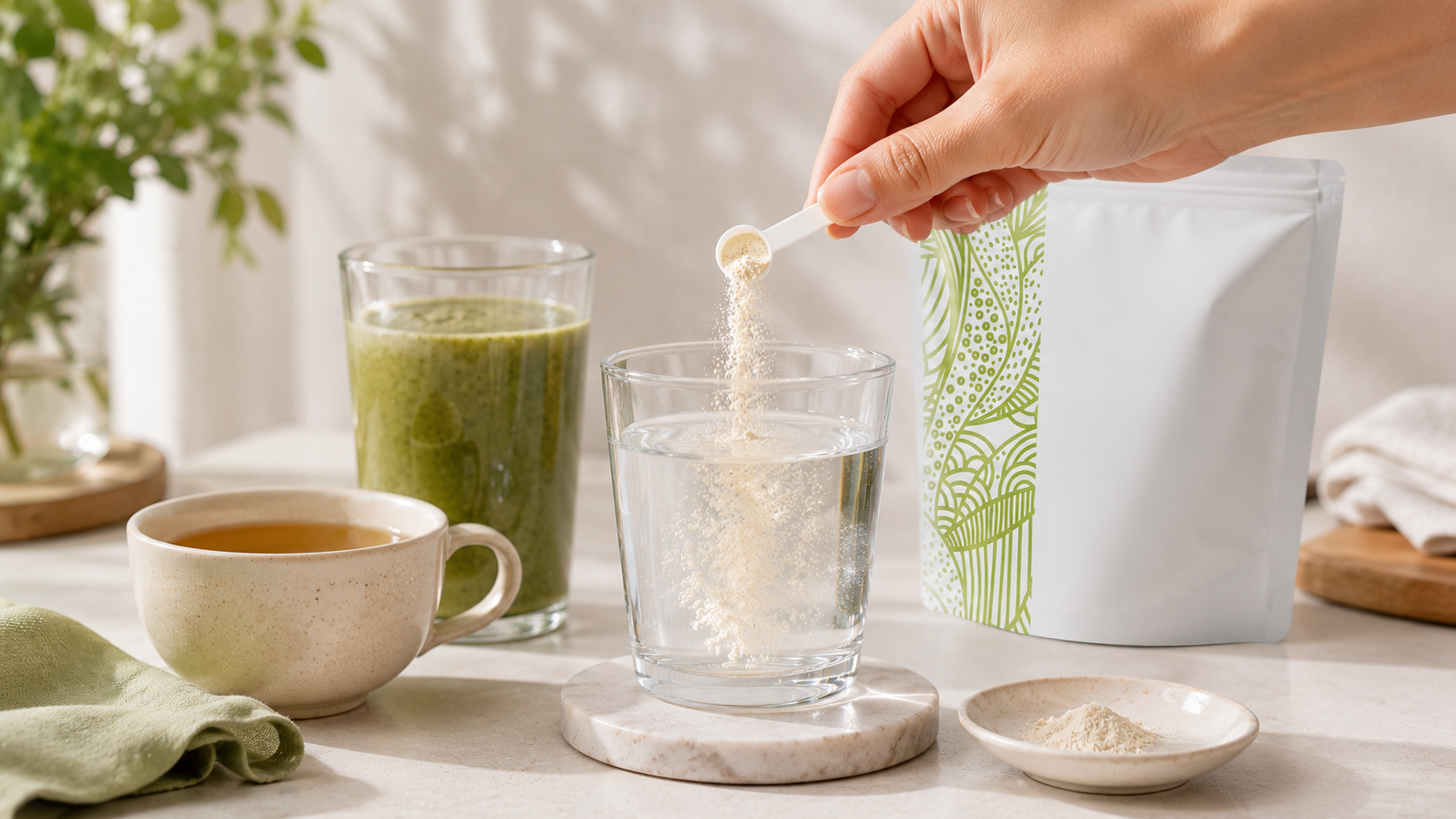 VeraCell powder being added to water with tea and smoothie nearby