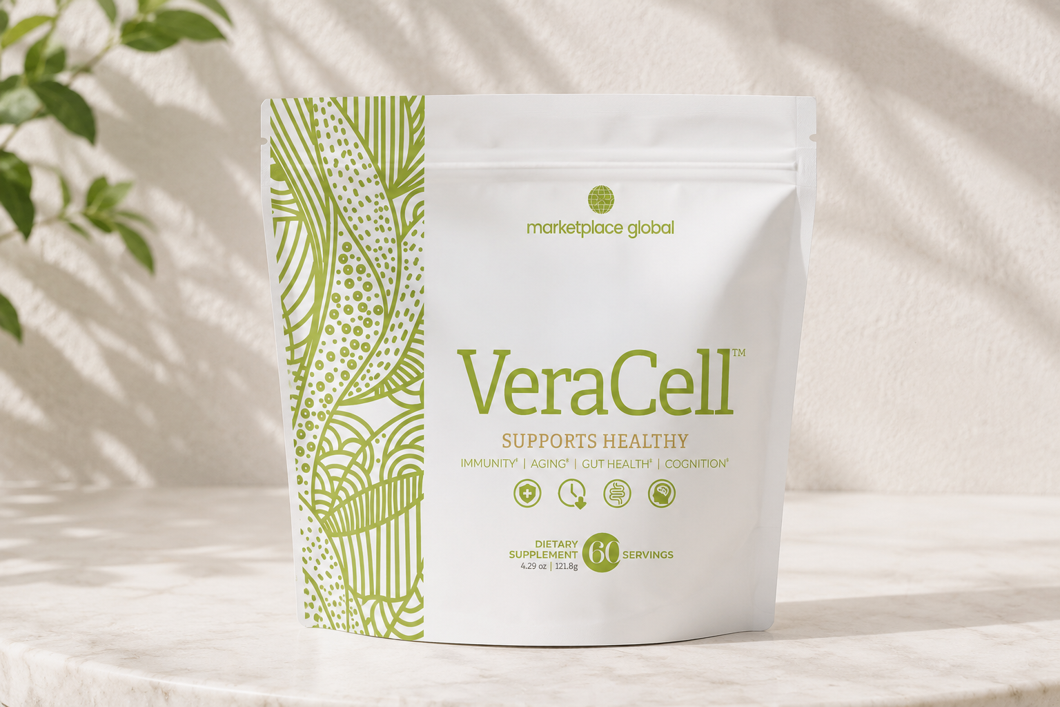 VeraCell bag, scoop, aloe, and glass of water on a clean premium wellness background