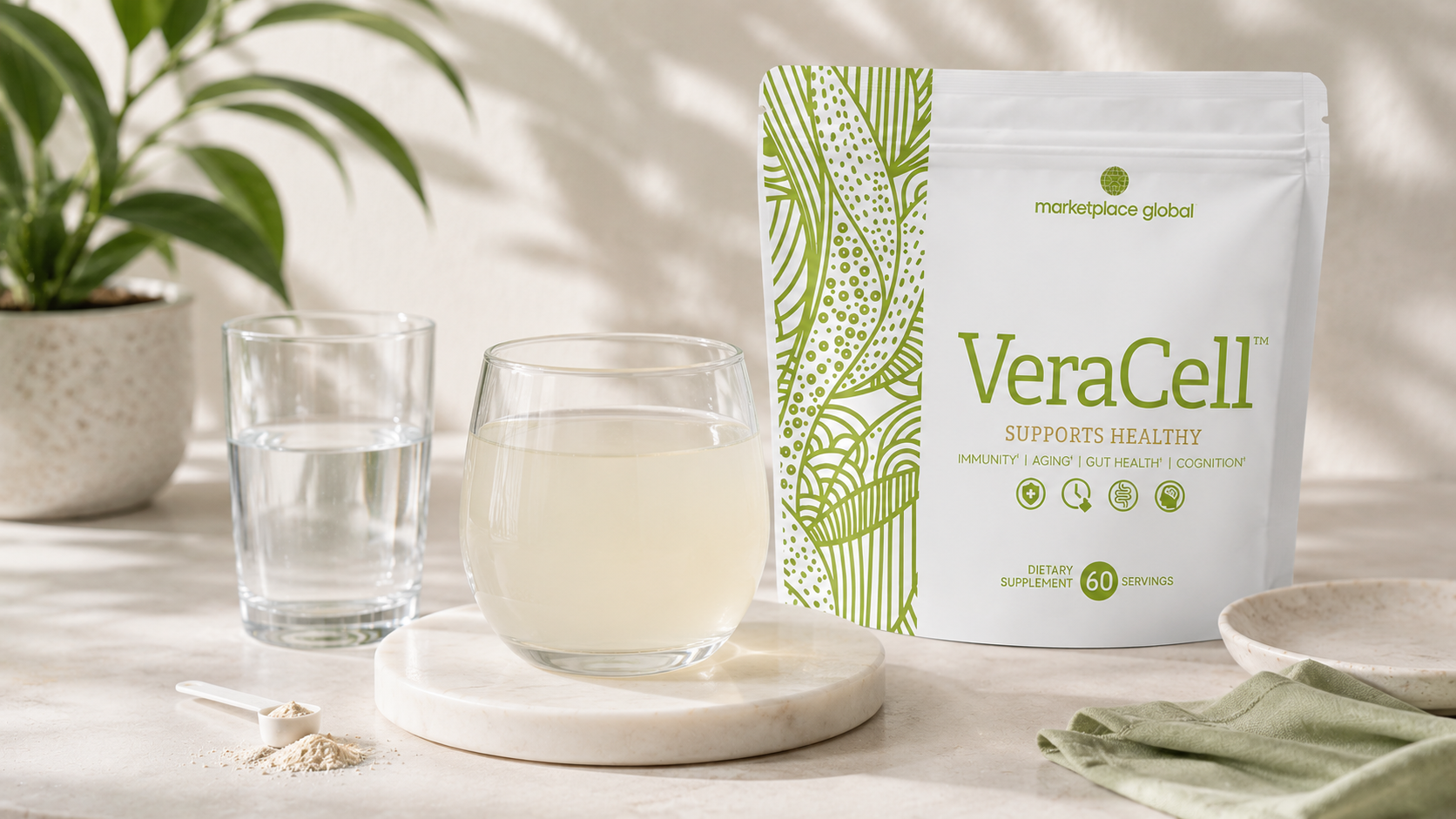 VeraCell bag with glass of water and small scoop in a clean product setup