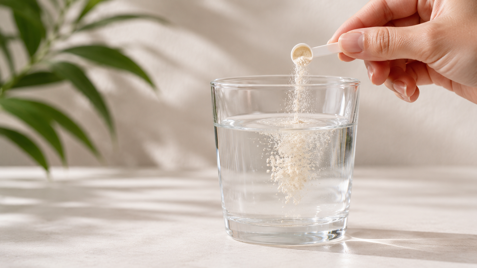 Small scoop of VeraCell powder being added to a glass of water