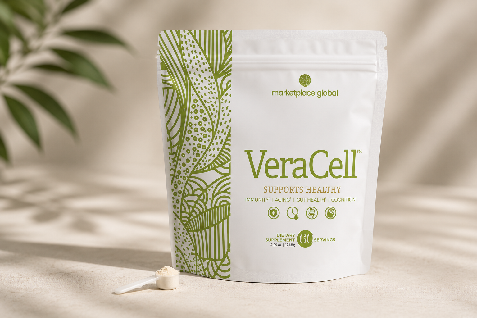 Close-up of VeraCell bag with a small scoop of powder