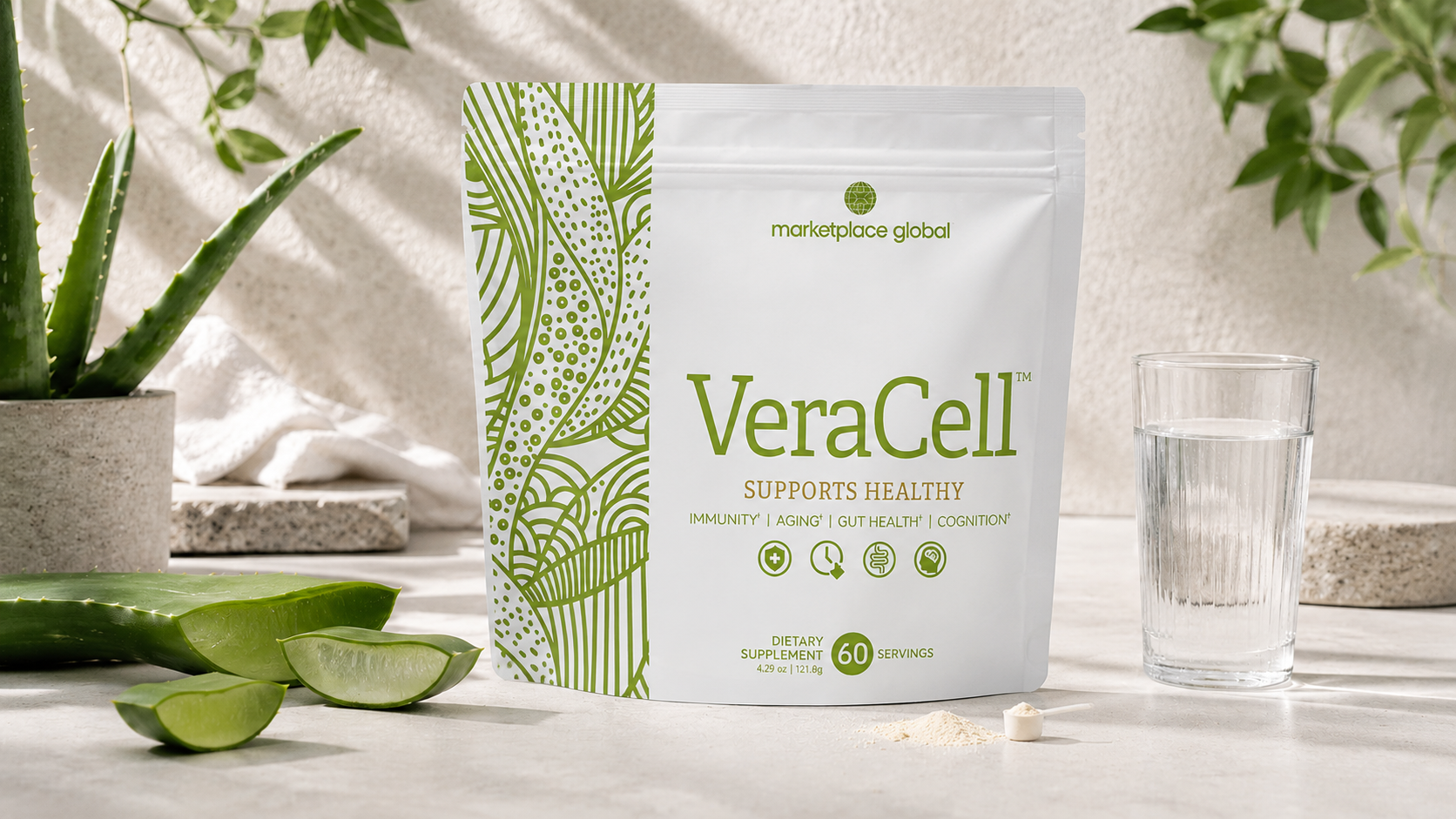 VeraCell bag beside a small scoop, aloe, and glass of water
