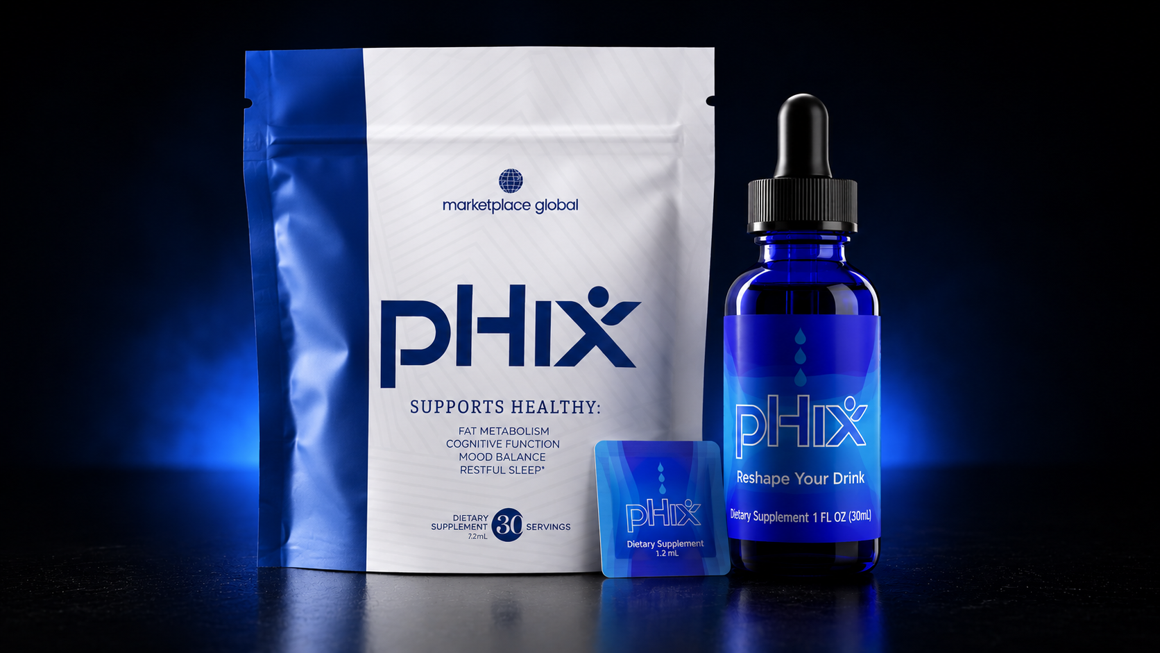pHix bottle, pouch, and snap on a dark premium blue product background