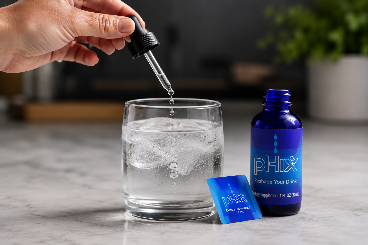 pHix drops being added to a glass of water