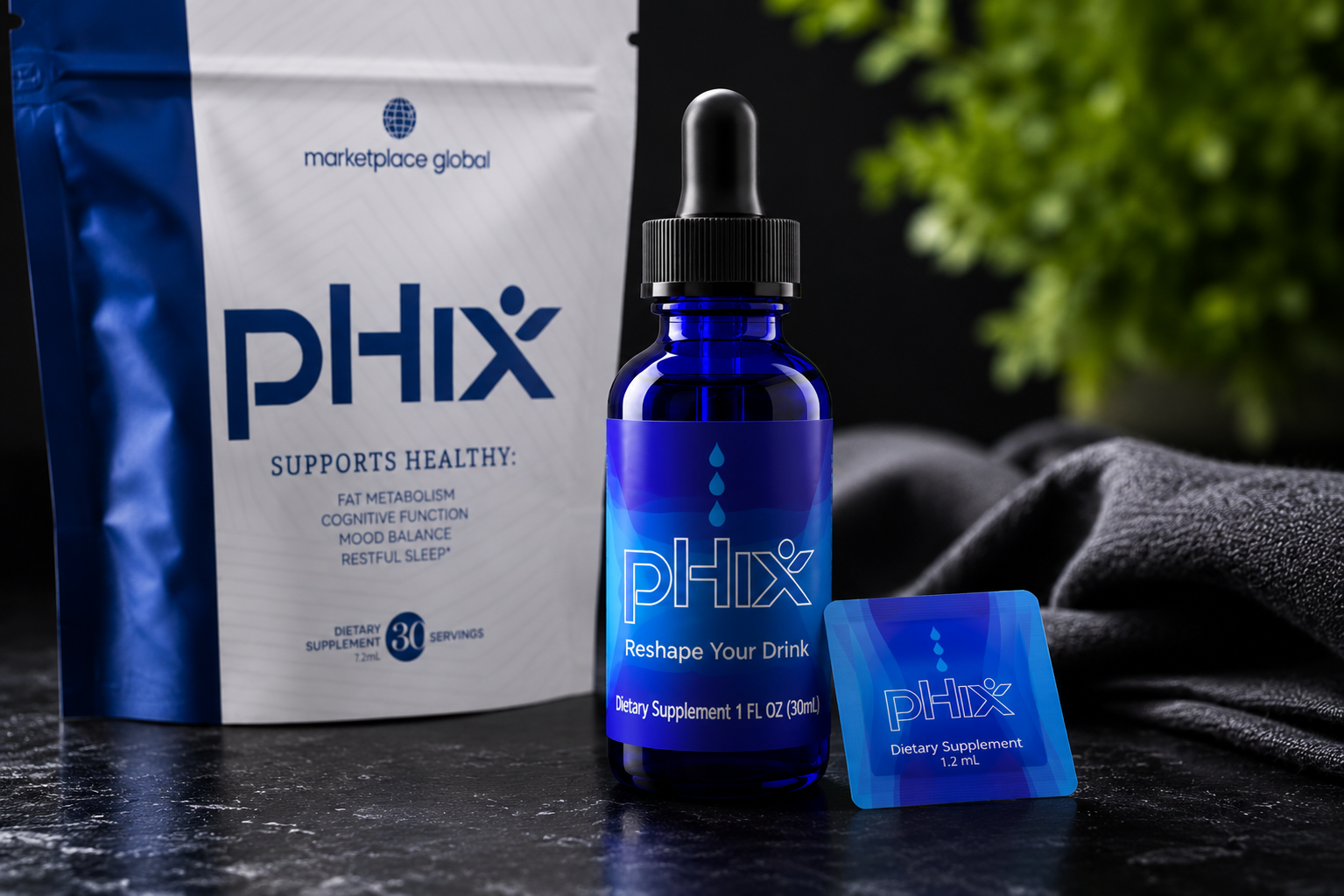 Close-up of pHix bottle, pouch, and snap