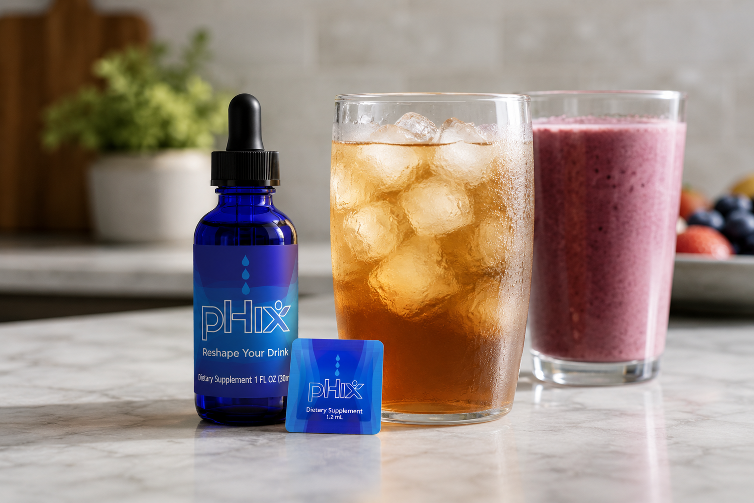 pHix bottle and snap beside everyday beverages